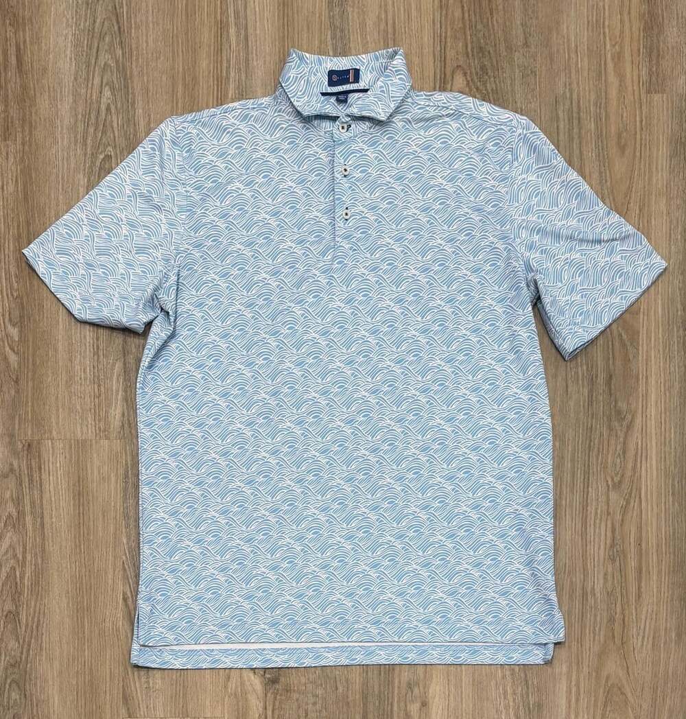 Stitch Golf Wave Print Polo Size L Blue White Performance Golf Shirt